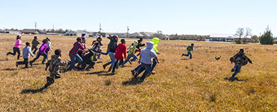 Kids chasing Mardi Gras rooster